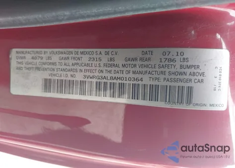 2010 Volkswagen New Beetle 2.5L z USA, uszkodzony, nr VIN 3VWRG3AL8AM010364